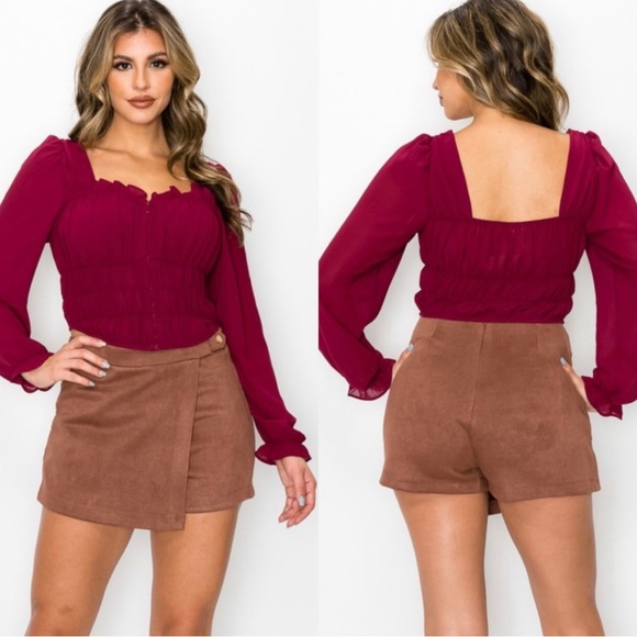 Tops - Burgundy chiffon corset long sleeve top